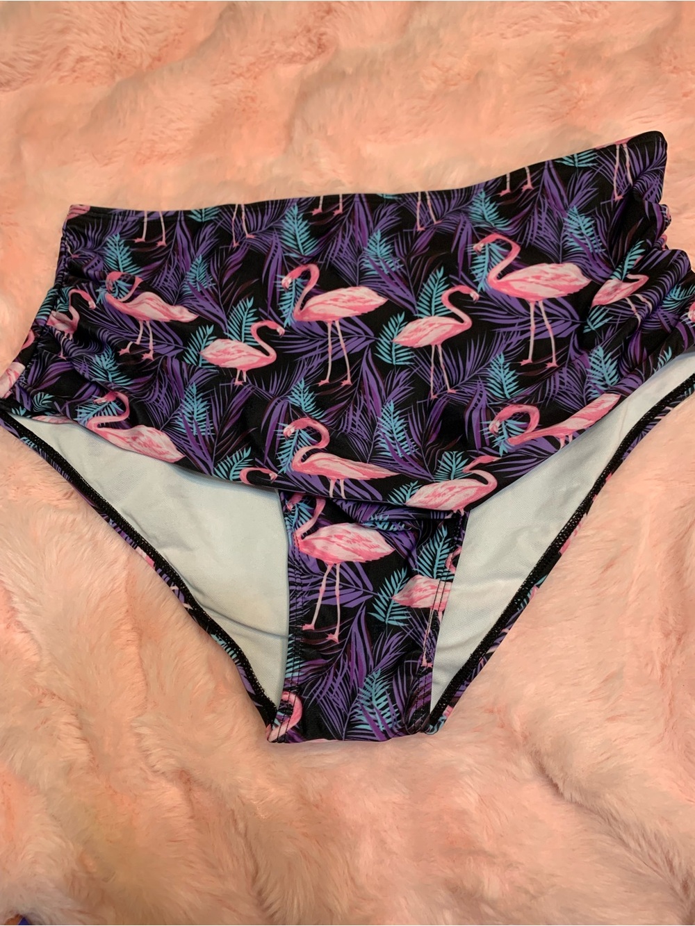 High-Waist Flamingo Print Swim Bottoms - Pink/Black